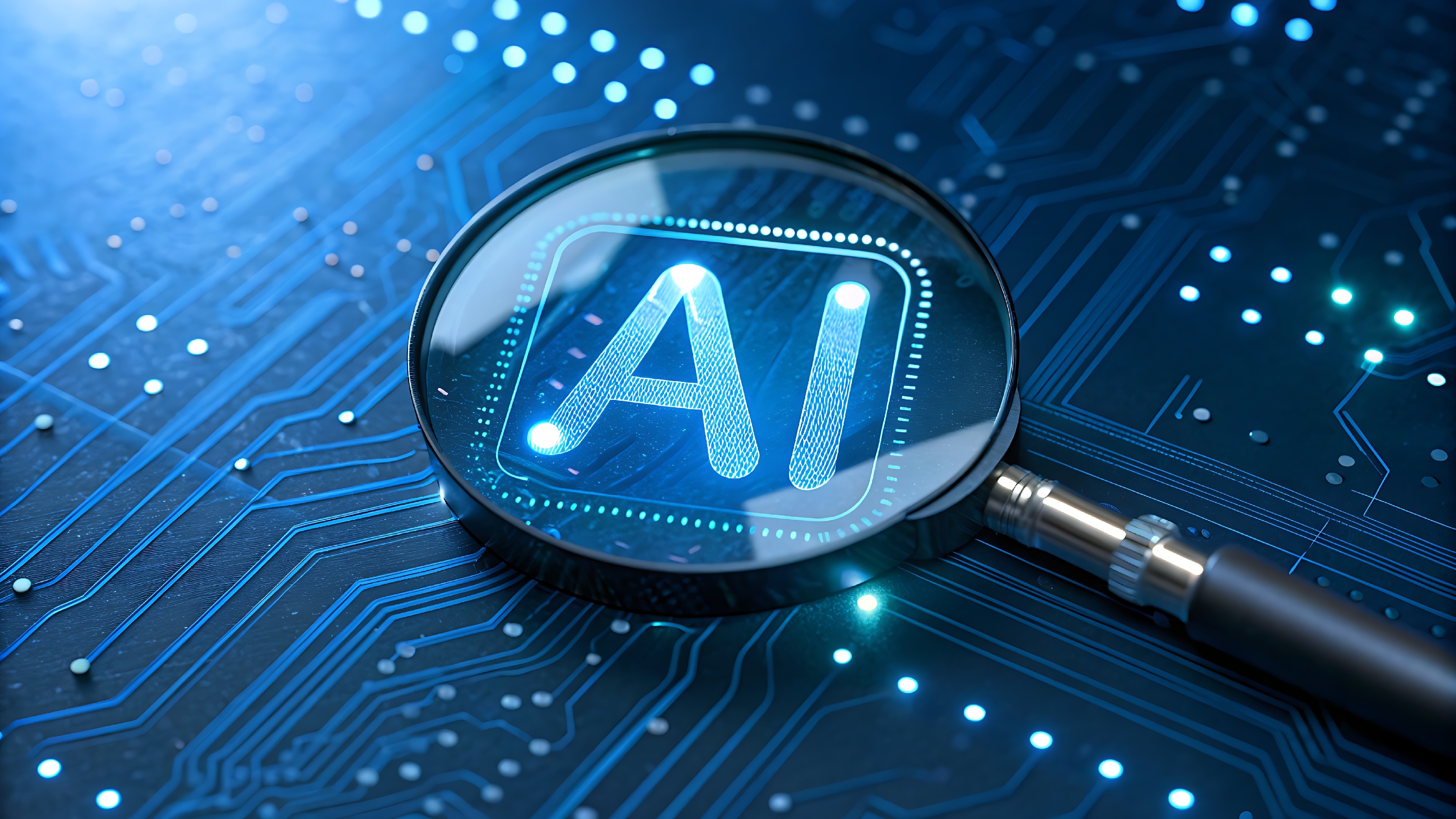 AdobeStock_1377598720 graphic of a circuit board with the letters AI under a magnifying glass.