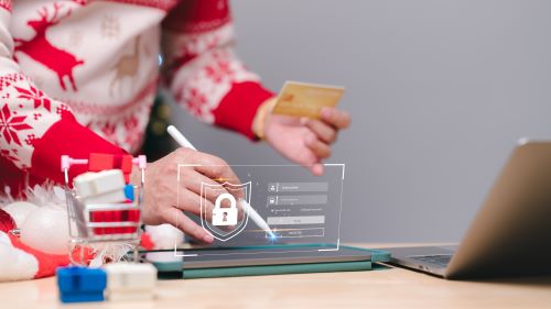 Image of a person in a holiday sweater shopping online in a secure platform.